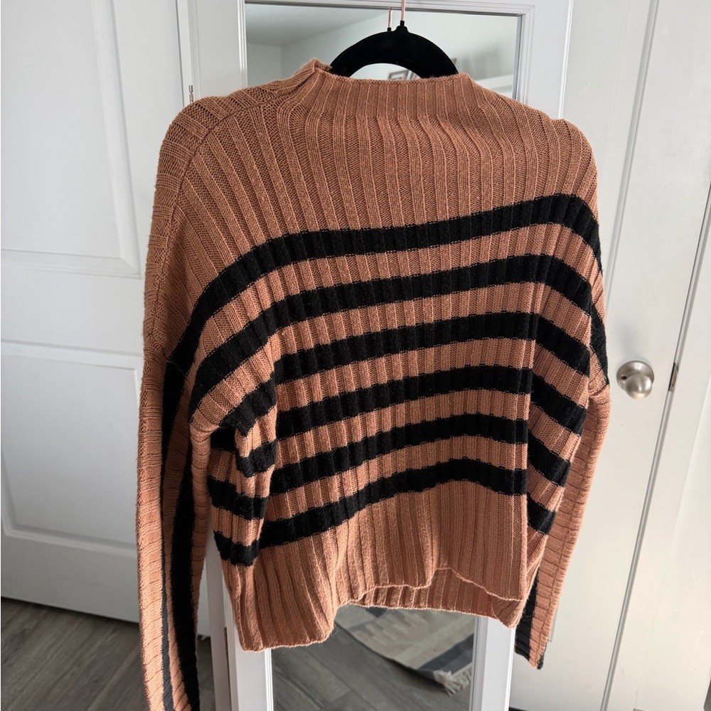 Striped Ribbed Knit Sweater - Light Brown with Black Stripes